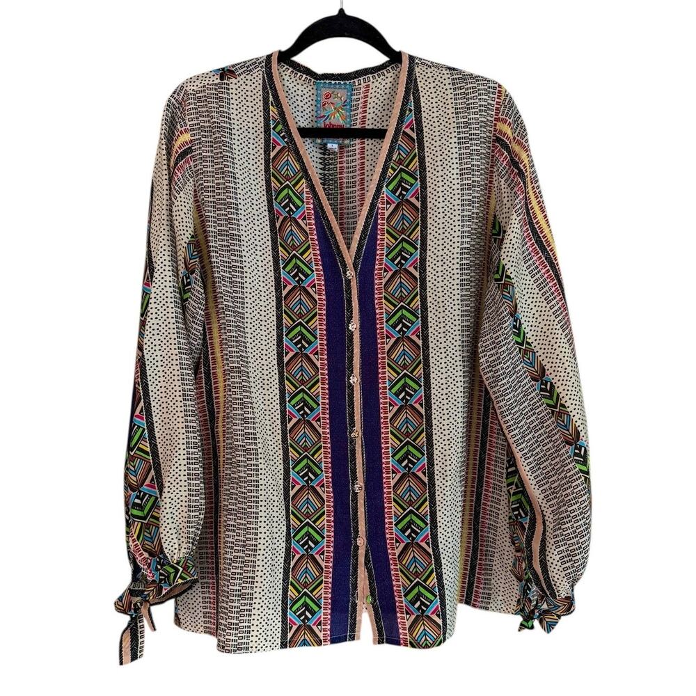 Johnny Was 100% Silk Boho Blouse L Geometric Tribal Print Wrist Tie Button Front